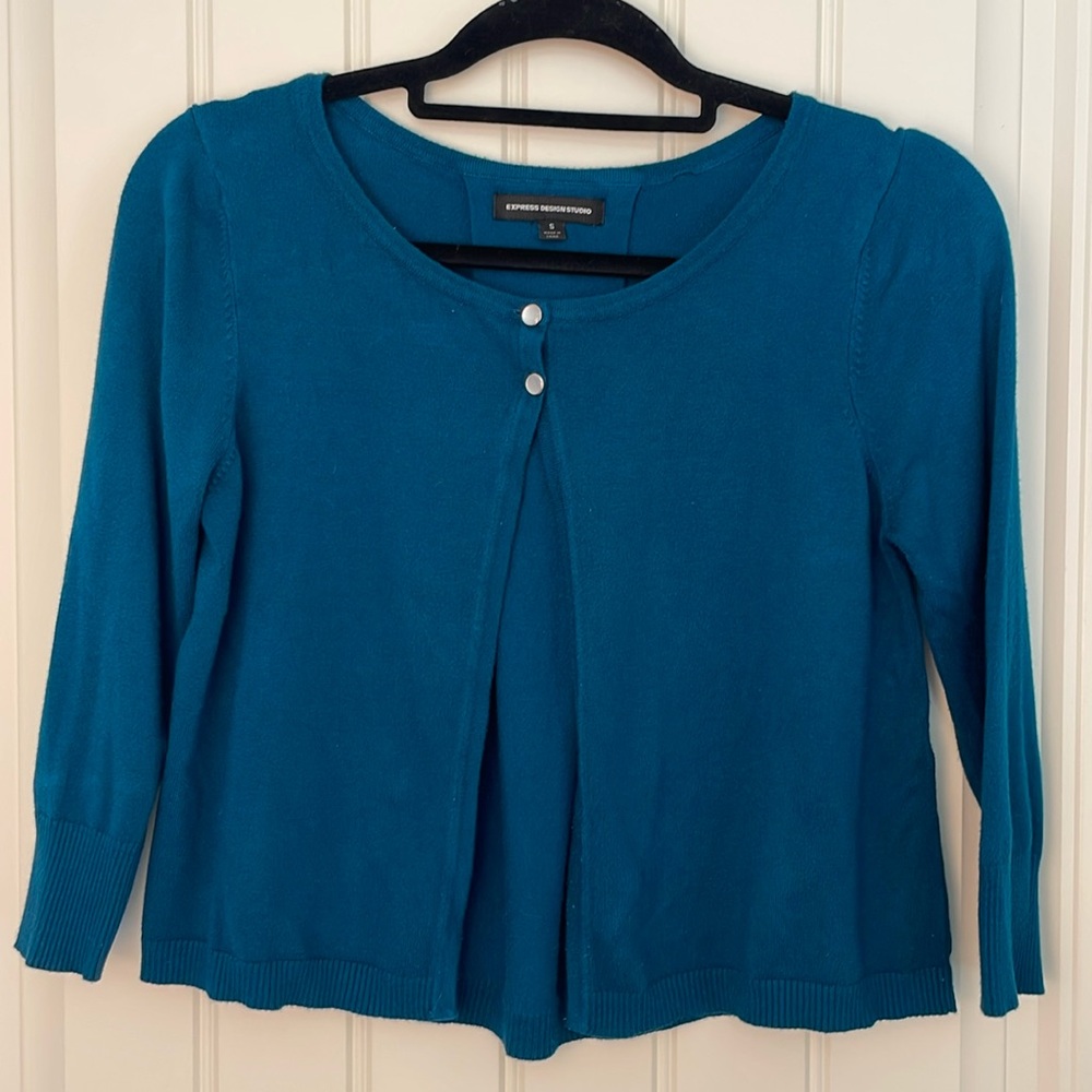 Express Teal Blue Cardigan, Size S, 3/4 Sleeve Open Front with Two Top Buttons
